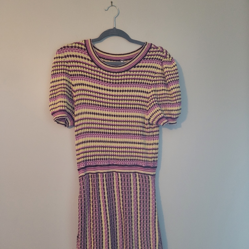 Free People Purple and Yellow Short Sleeve Sweater Dress